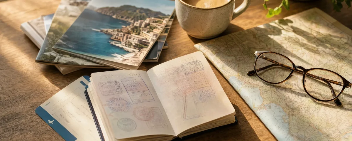 Desk scene with an open passport, travel photos, coffee, and a map — planning a trip