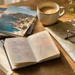 Desk scene with an open passport, travel photos, coffee, and a map — planning a trip