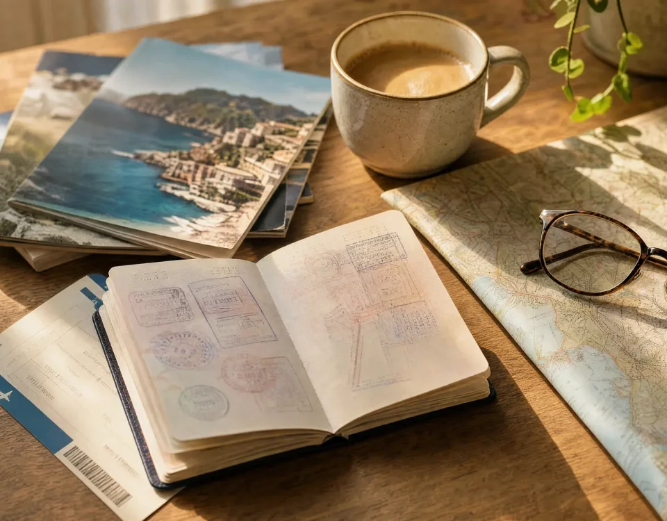 Desk scene with an open passport, travel photos, coffee, and a map — planning a trip